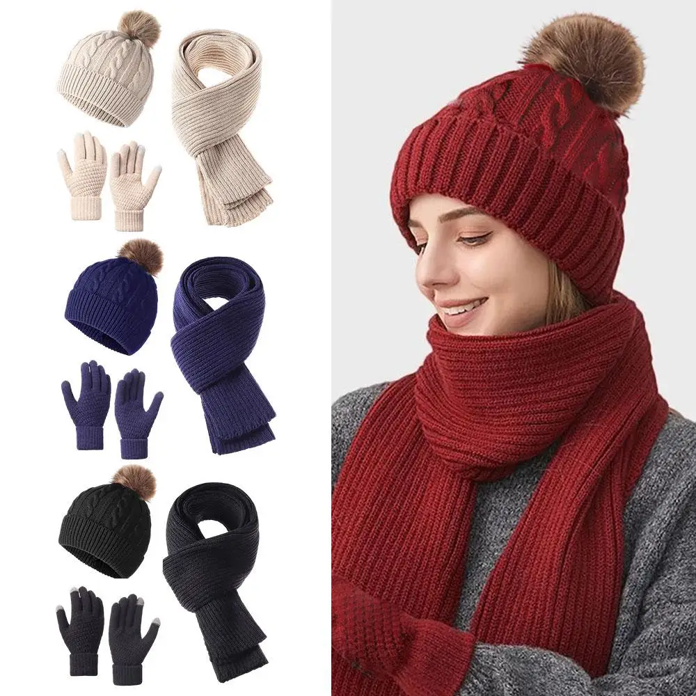 الفراء الكرة Pompom بيني الرقبة أدفأ الصوف متماسكة وشاح للرقبة قفازات كاب 3 قطع مجموعة الحرارية رشاقته محبوك قبعة وشاح قفازات #3