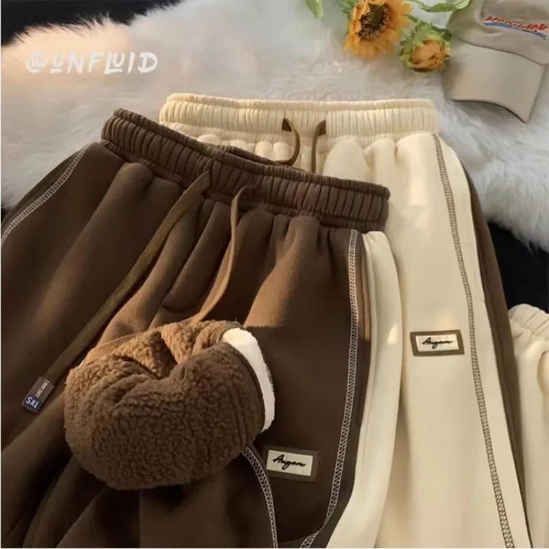 Thick Plush Lamb Wool Winter Pants Women Sports Joggers Sweatpants Bright Line Side Striped Casual Trousers Harajuku Couple Y2K