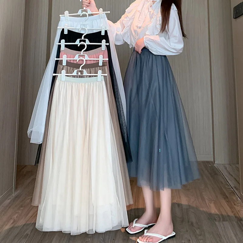 

Summer Fashion Women Tulle Skirt Korean Elegant Elastic High Waist Midi Skirts Y2K Female Chic Streetwear Mesh Pleated Skirts