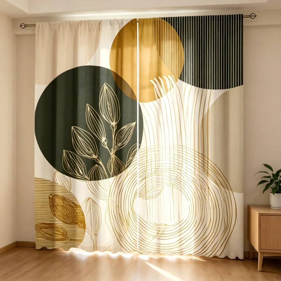 2PCS Digital Print  Curtain, Golden Leaf Round Shadow, Botanical Print Window Drape for Living Room Bedroom Home Decor