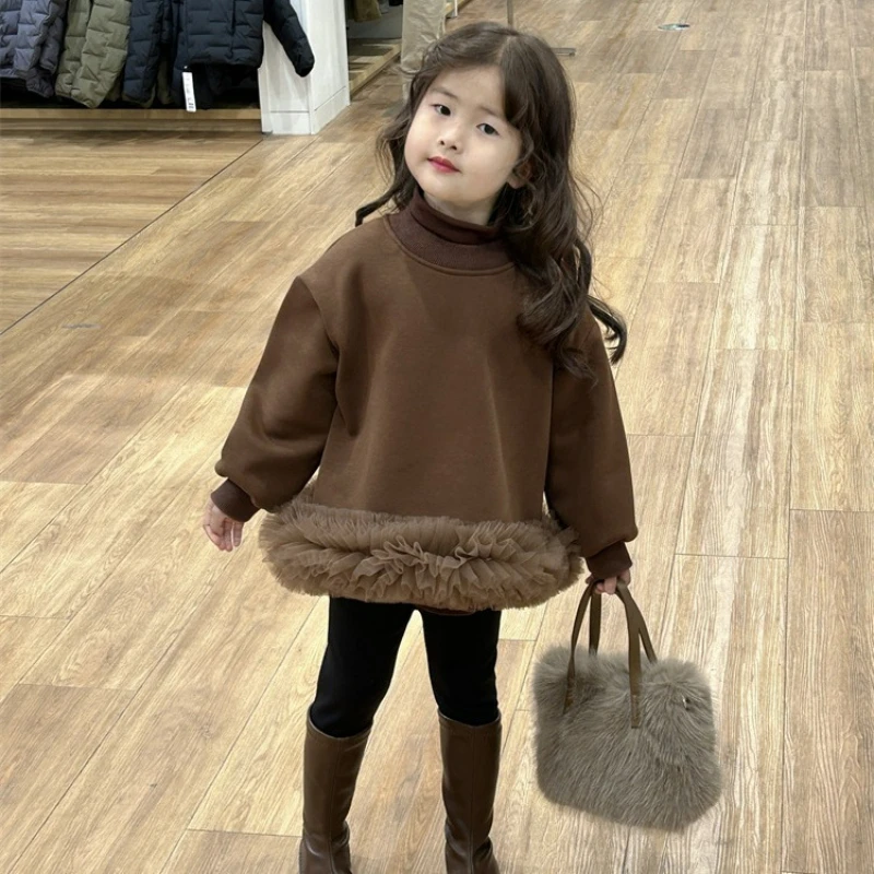 Children Hoodie 2026 Autumn and Winter New Small and Medium-sized Children's Baby Mesh Lace Plush Hoodie Dress for Girls Top