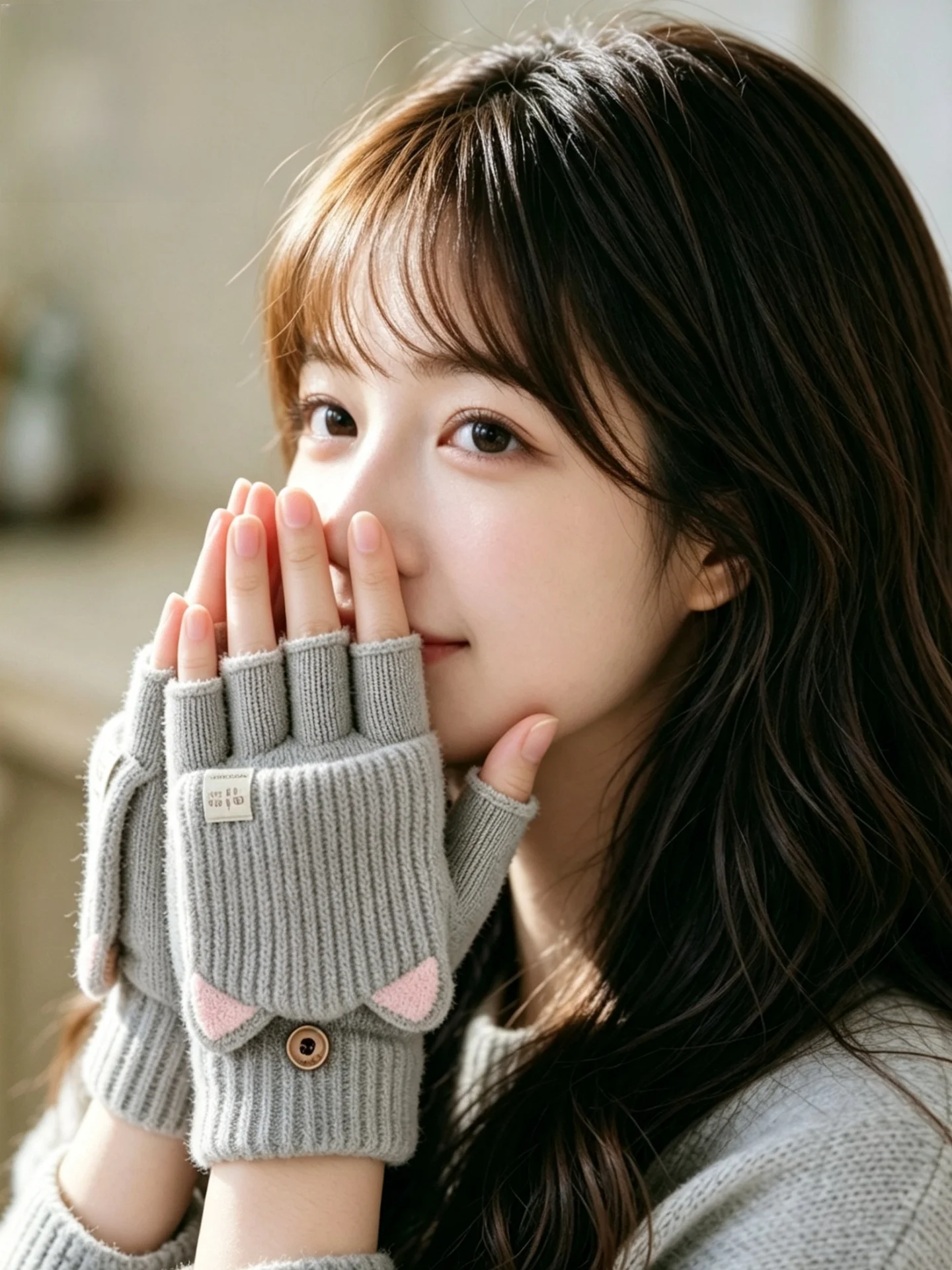 Thickened Knitted Gloves Women's Autumn Winter Warm Fleece Cute Riding Student Knitted Winter Flip Cover Half Finger Gloves