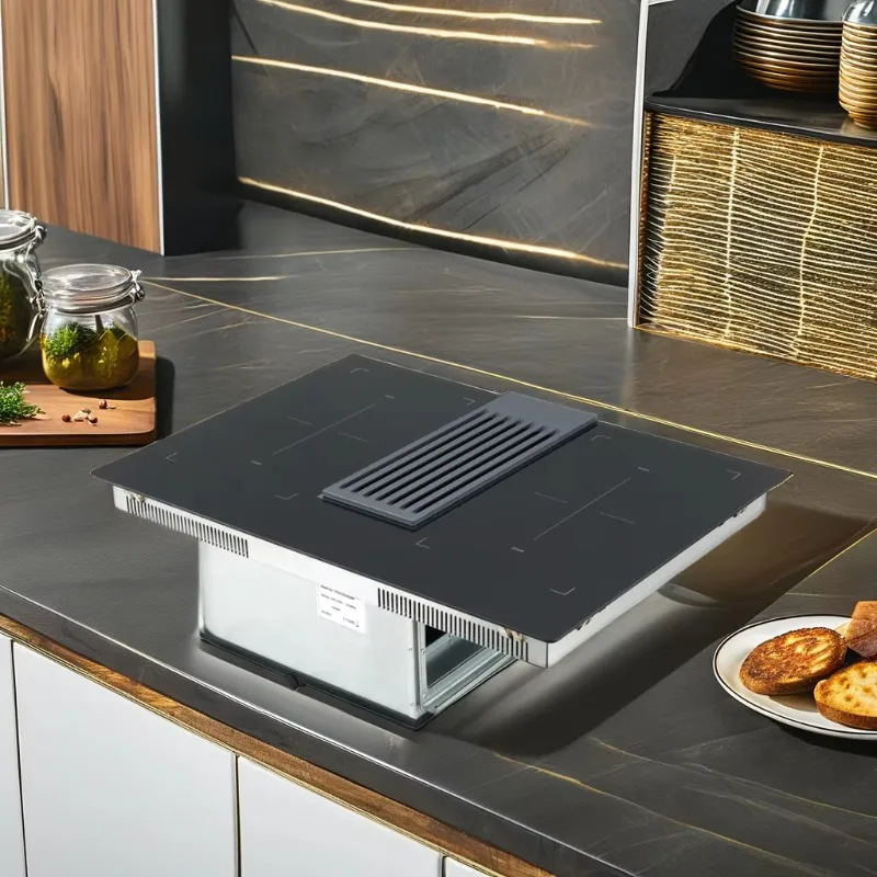 Commercial Customizable Range Hood Built-in 4 burner Induction Cooker Felix Zone Exhaust Hood Integrated  Downdraft Cooker Hood