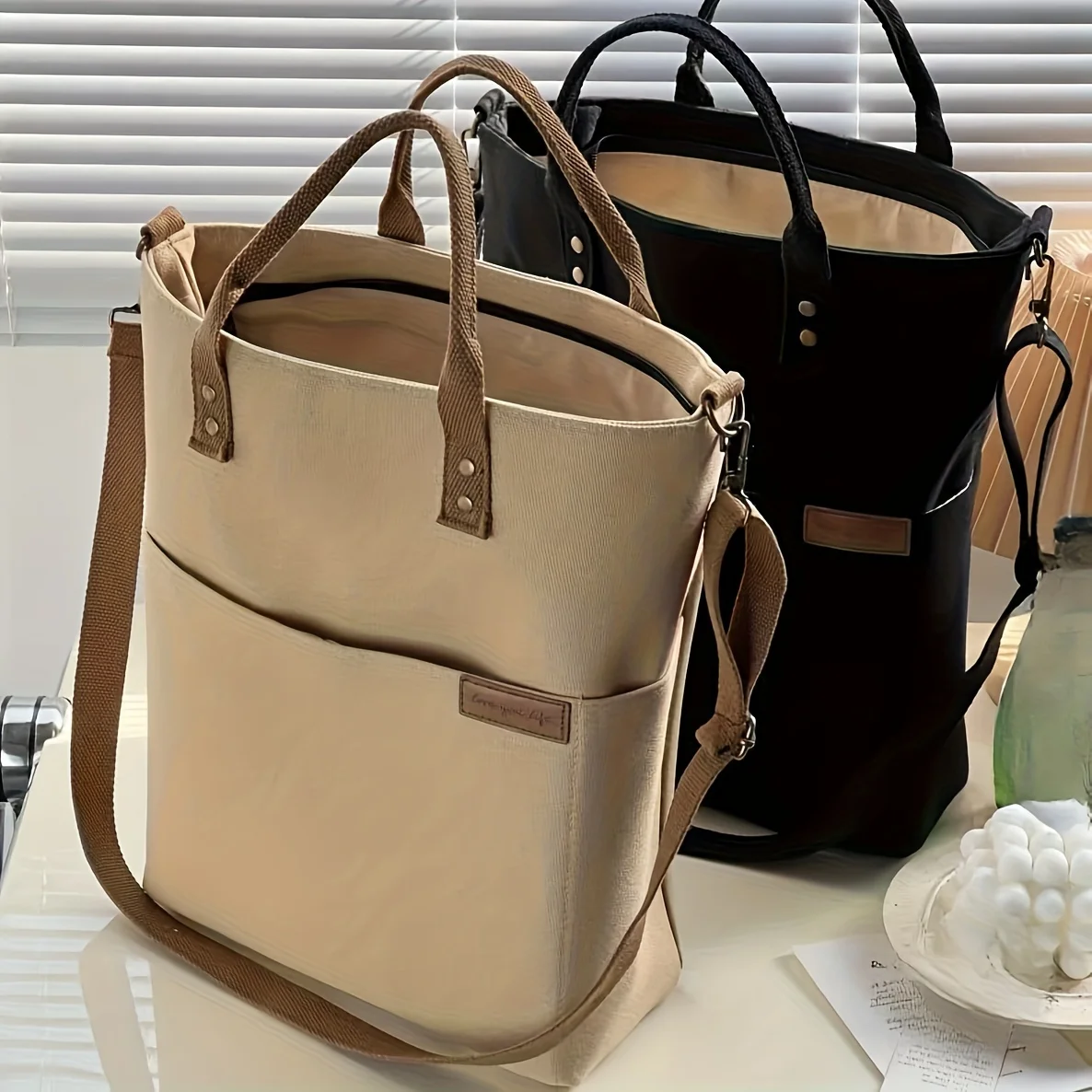 

European-style Solid Color Nylon Tote Bag - Zipper Closure, Polyester Lining, Single Shoulder, Crossbody, Casual, Literary