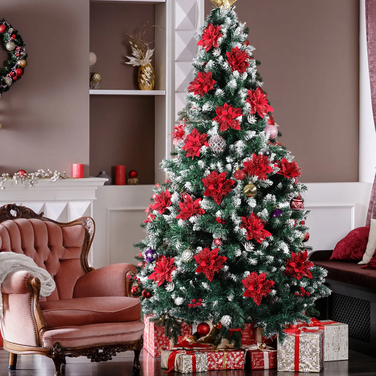 

Glitter Poinsettia Flowers Christmas Garland Accessories Red Poinsettias Decorations Artificial Ornaments Tree Holiday Home