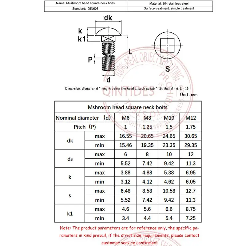 QINTIDES M6 M8 M10 M12  DIN603 Cup head square neck bolts with large head 304 stainless steel  Mshroom head square neck bolts