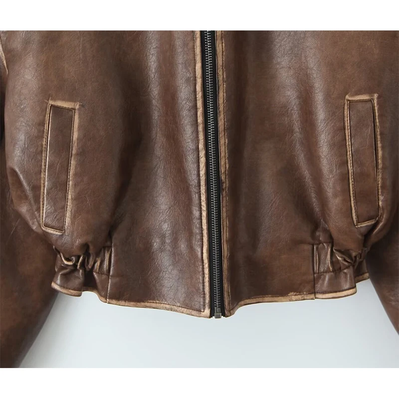 Veste en similicuir marron vintage pour femme, manches longues, fermeture éclair, moto, tenues courtes pour femme, automne, hiver