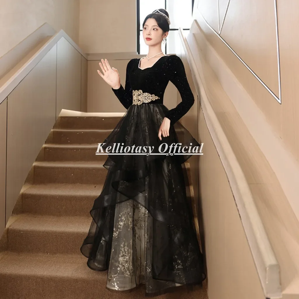 

Customized Black Evening Dresses Round Neckline Tiered Skirt Charming Women Party Dress With Long Or Short Sleeves MBYD038