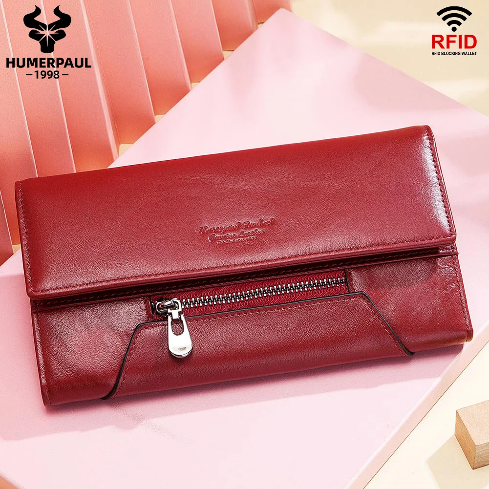 HUMERPAUL Women Wallet Genuine Cowhide Leather RFID Clutch Card Holder Ladies Fashion Large Capacity Long Purse Phone Pocket