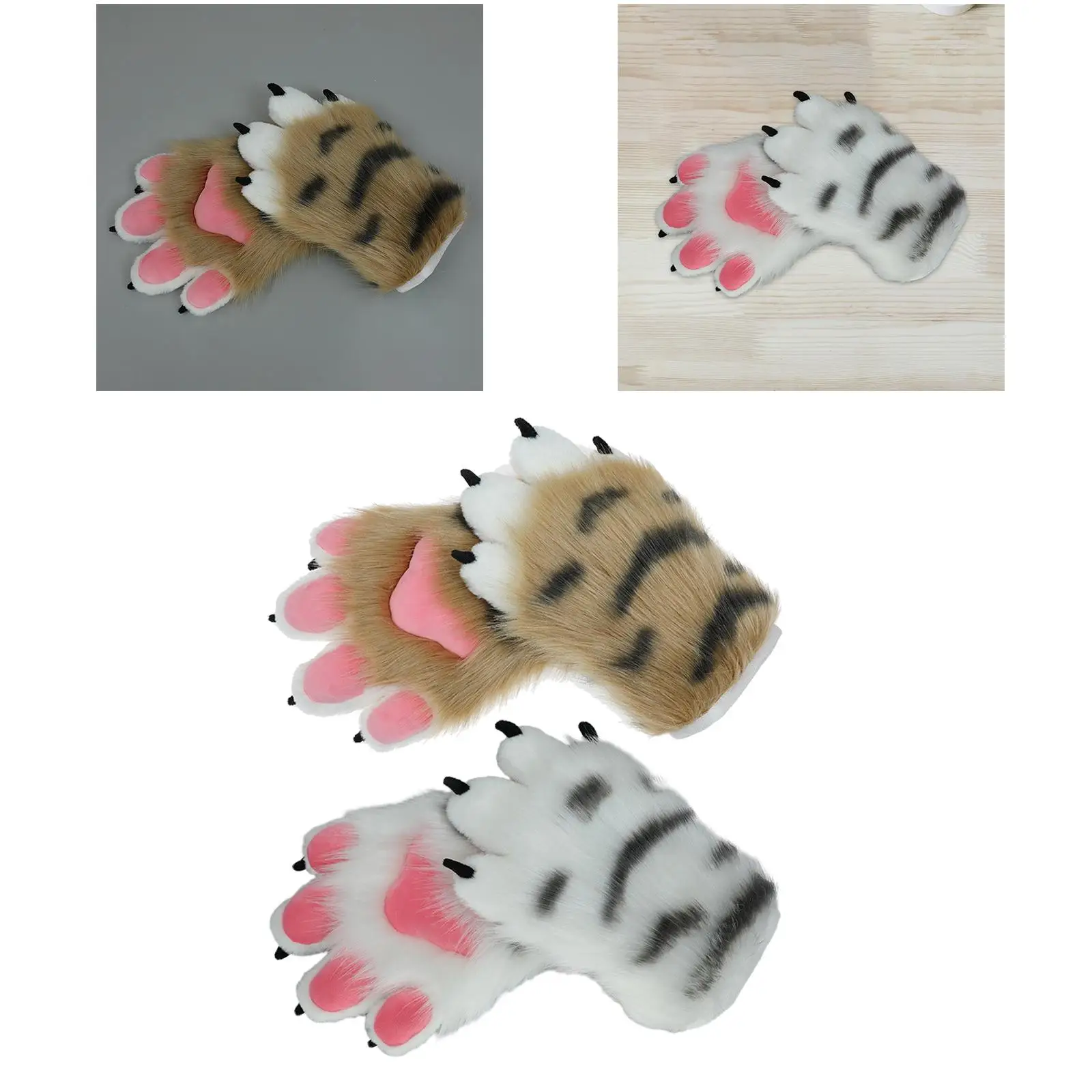 2 Pieces Furry Gloves Tiger Paw Shape Warm Cute Plush Hand Gloves for Cosplay Presents Fancy Dress up Party Christmas Party