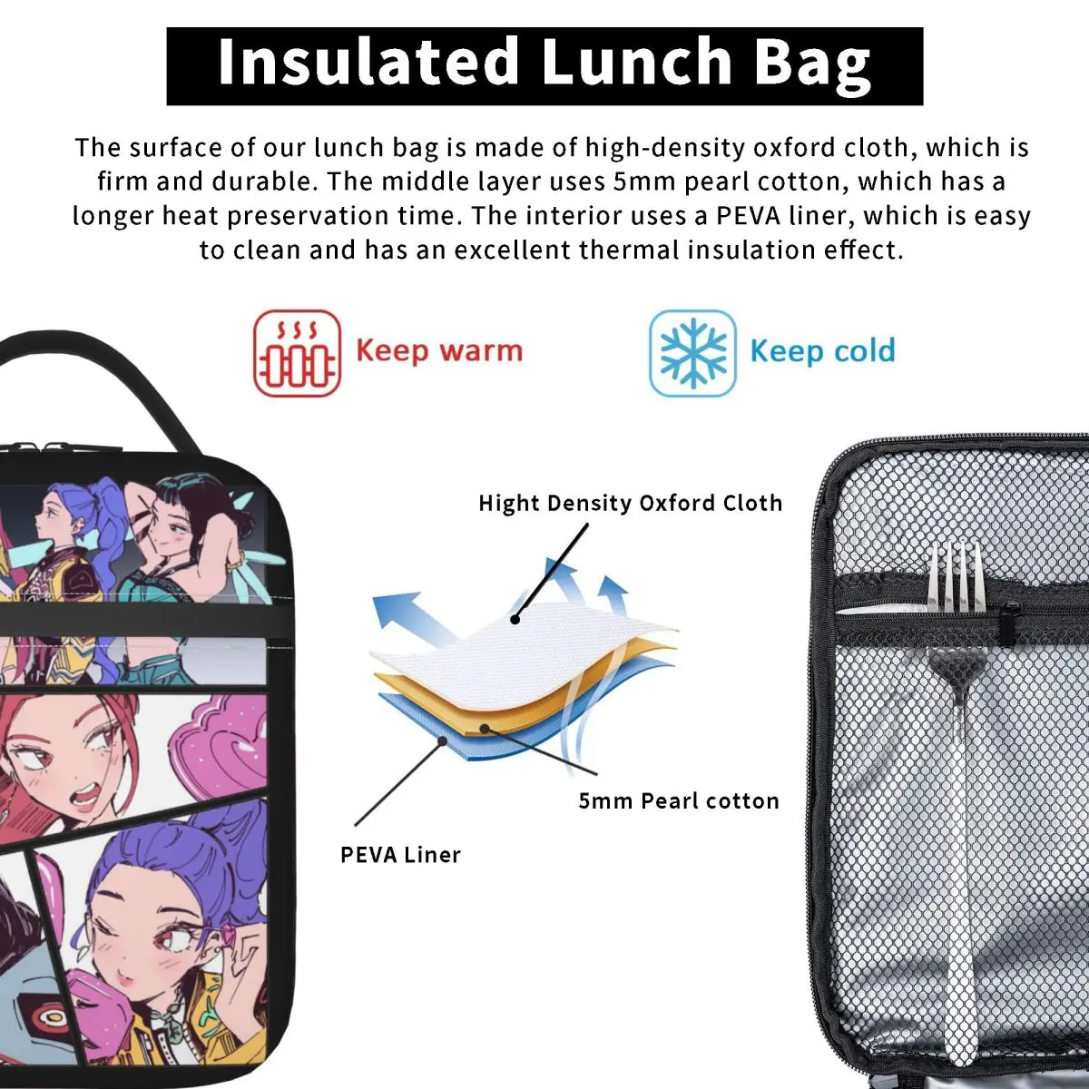مخصص KPops هنتر الشياطين الحرارية معزول أكياس الغداء النساء جينو الطفل ساجا المحمولة حقيبة الغداء للأطفال تخزين عبوة طعام #4