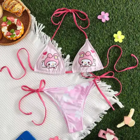 Anime Kawaii Hello Kitty Sexig Bikini Baddräkt Sanrioed Kuromi BH Kvinnor Dopamin Heta Tjejer Hängande Halsband Snörning Tecknad Seaside 12 best sales Hello Kitty badkläder - №12