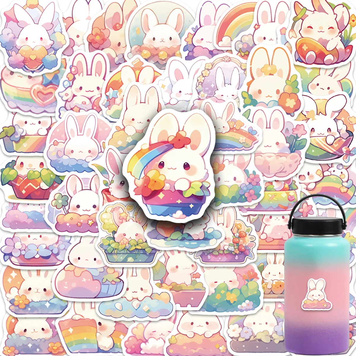 50PCS Rainbow Bunny Rabbit Cartoon Cute Stickers Vinyl Waterproof for Water Bottle Laptop Skateboard Scrapbook Luggage Kids Toy