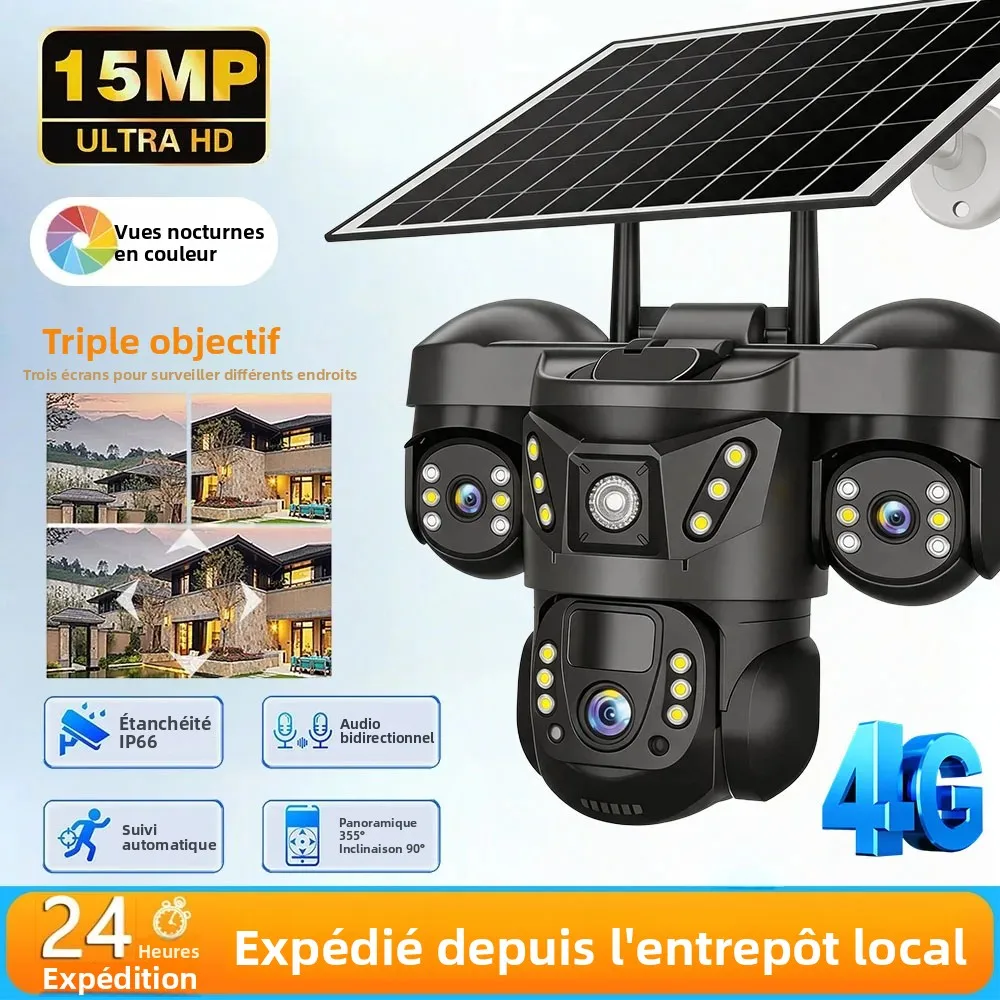 Caméra de sécurité solaire 4G SIM V380 extérieure à 3 objectifs, zoom optique 15MP, suivi humain 360° °   Caméras de surveillance sans fil PTZ CCTV pour la maison