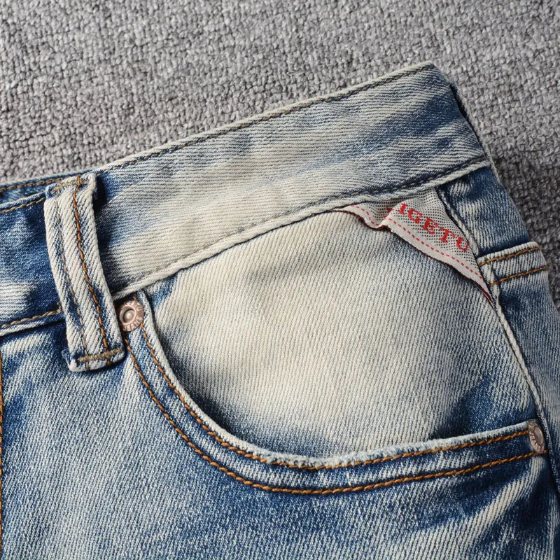 Italian Style Fashion Men Jeans High Quality Retro Washed Light Blue Elastic Slim Ripped Jeans Men Vintage Designer Denim Pants