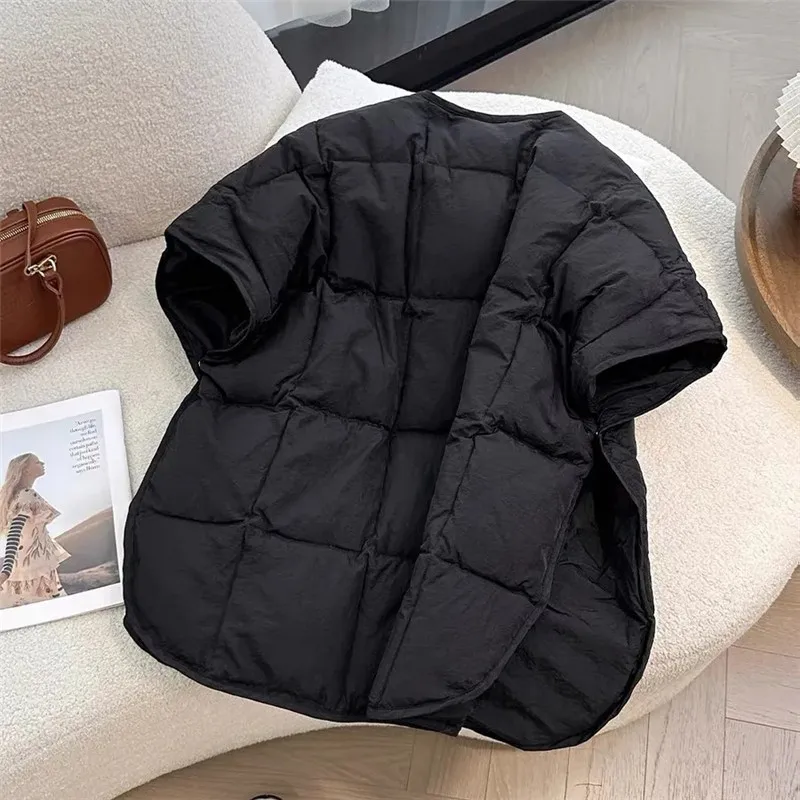 صدرية كلاسيكية للنساء لخريف وشتاء موضة جديدة سترة بأكمام قصيرة ورقبة على شكل حرف v إضافة سترة قطنية ملابس علوية فضفاضة غير رسمية للسيدات