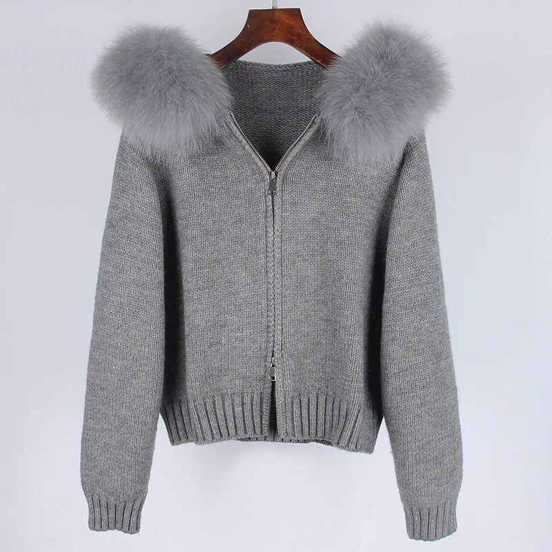 OFTBUY 2023 Fashion Autumn Winter Casual Hooded Real Fox Fur Collar Fashion Short Knitted Jacket with Natural Fur Coat for Women