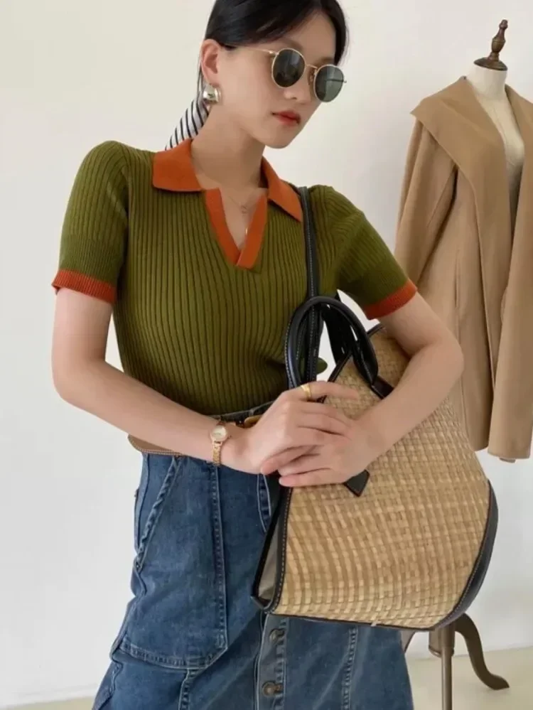 여성 슬림 빈티지 폴로 칼라 티셔츠 반팔 우아한 블라우스 부드럽고 통기성 좋은 여름 패션 탑 2025 여성 티셔츠