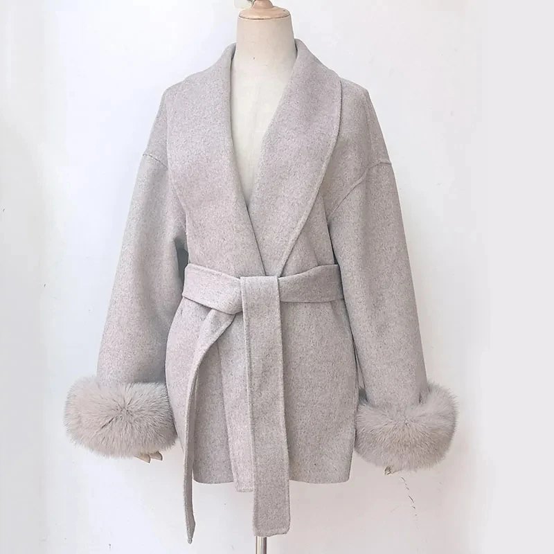 2024 frauen Lose Herbst Luxus Echt Wolle Mantel Mit Echt Fox Pelz Manschette Plus Größe Weibliche Echte Kaschmir Jacke Outwear