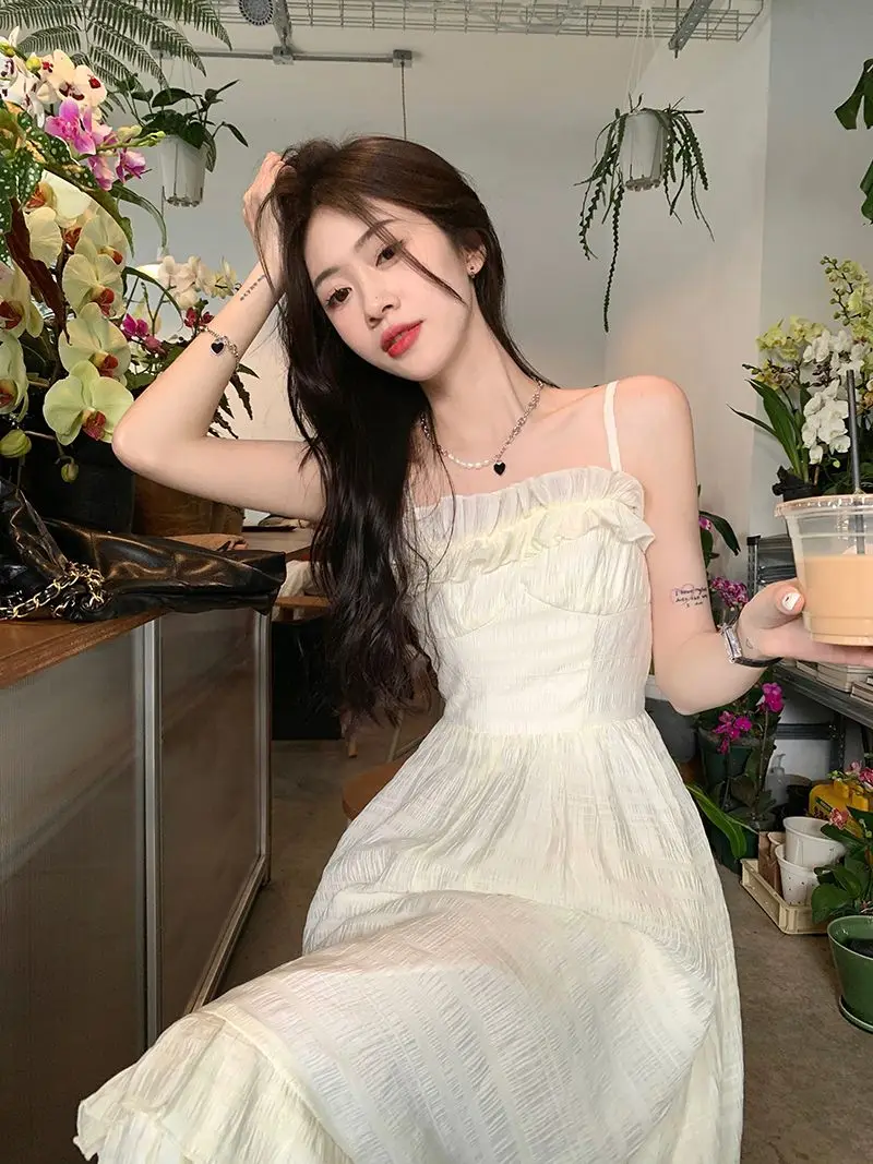 Apricot Midi Dress Women Princess Chic Aesthetic Holiday Leisure Ruffles Vintage French Style Sleeveless Partywear Summer Young