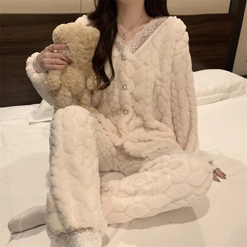 Pajamas Women Autumn Winter Small Fragrant Coral Velvet V-neck Lace Flannel and Velvet Thickened Plus-size Home Wear Loungewear