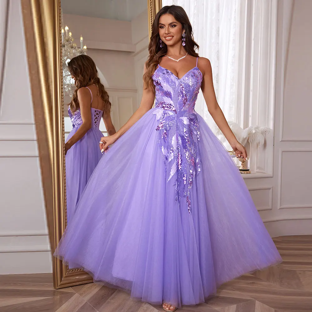 Luxury Beaded Evening Gowns For Women Formal Tulle V Neck Prom Dresses 2024 Long Ball Gown Birthday Party Gown Graduation