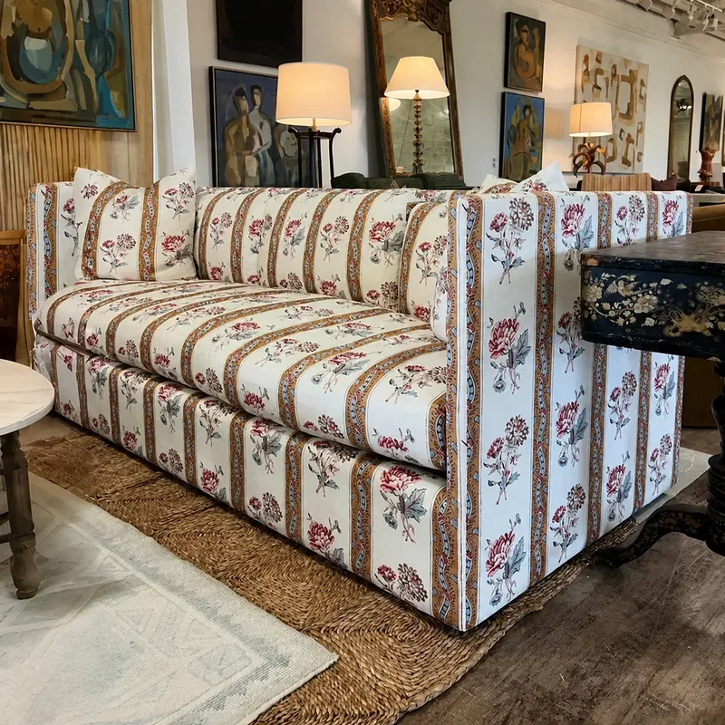 Retro Printed Fabric Sofa 3 Seater for Small Apartment Living Room Studio Homestay Villa Country Style Couch