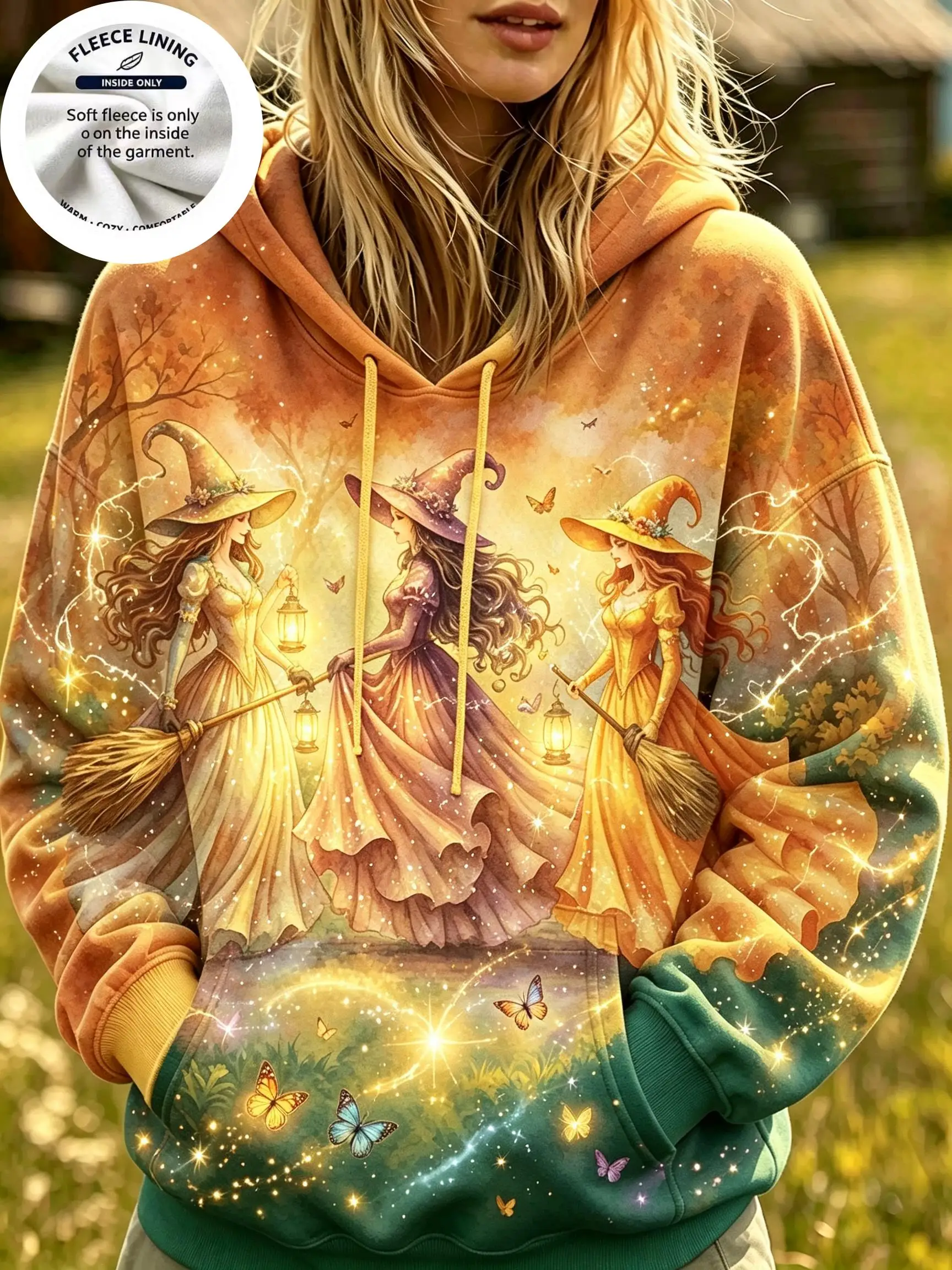 Women Fleece Hoodie, Halloween Forest Witches Print Long Sleeve Pullover, Fantasy Magic Casual Sweatshirt