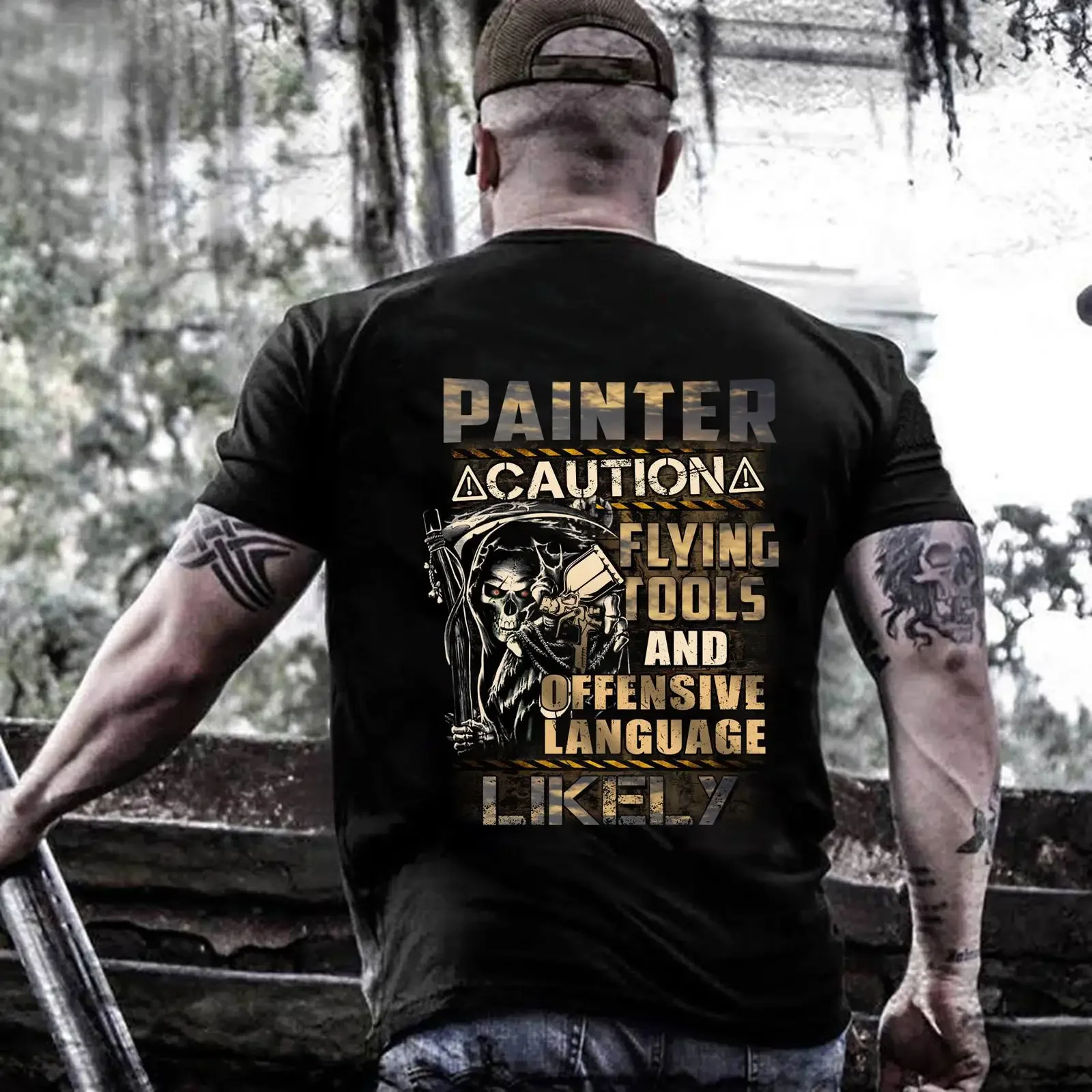 Men's Painter Caution Grim Reaper T Shirt Flying Tools Offensive Language Print Casual  For  vintage Washed Stylish Slightly