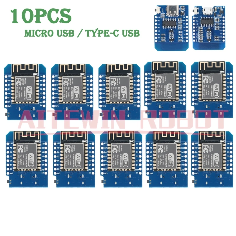 10PCS D1 Mini TYPE-C/MICRO ESP8266 ESP-12F CH340G V2 USB D1 Mini WIFI Development Board D1 Mini NodeMCU Lua IOT Board 3.3V