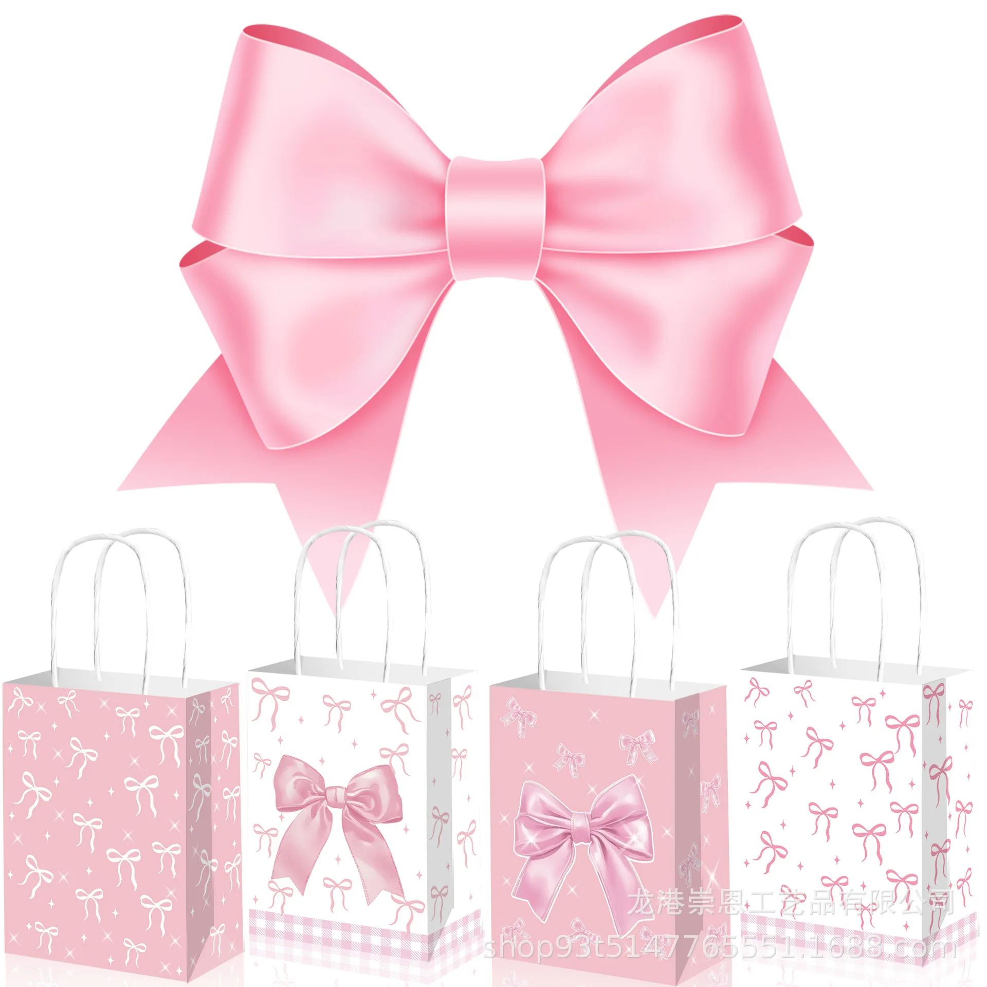 6/30pcs Pink and White Bow Handheld Paper Bag Gift Bag Valentine\'s Day Engagement Baby Shower Girls Birthday Party Supplies