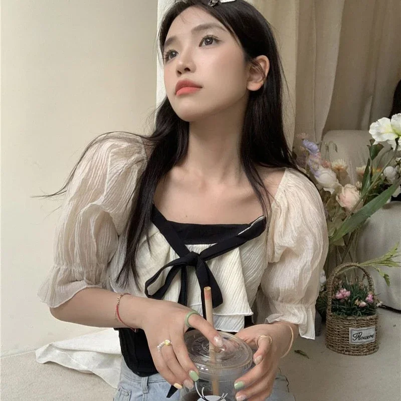 Blouses Women Kawaii Princess Summer New Patchwork Gentle Korean Style Prevalent Square Collar Streetwear Casual All-match Slim