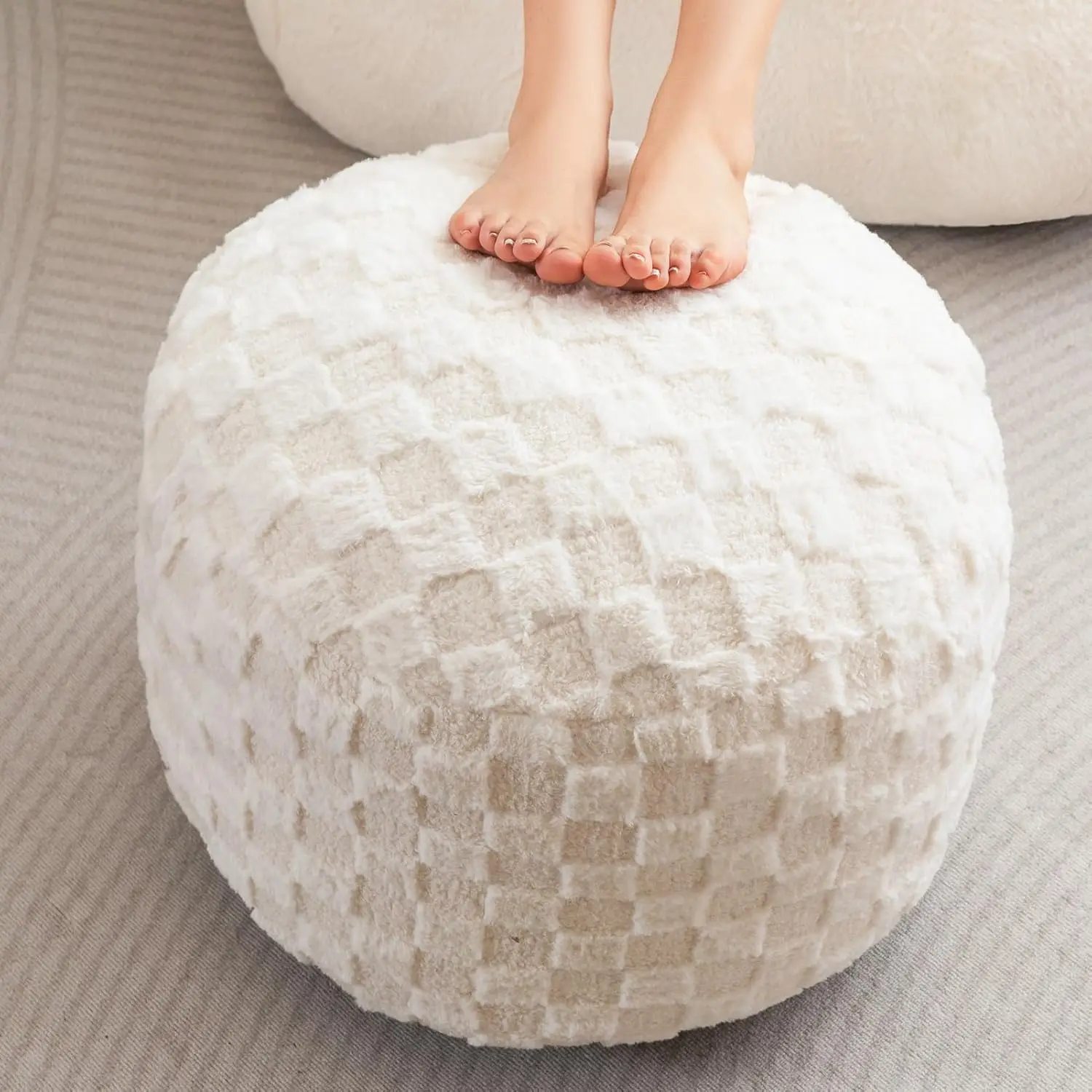 

Round Stuffed Pouf Ottoman, Plaid Poufs with Foam Chunk Filling, Fluffy and Furry Pouf Foot Stool Storage Ottoman, 20 X