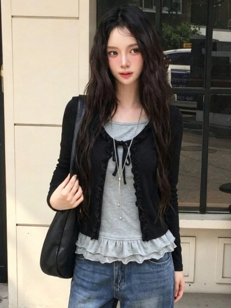 Harajuku Streetwear Korean Style Fake Two Piece Y2K Patchwork Long Sleeve Layering Top Sweet Chic Women Slim Fit Casual Tops