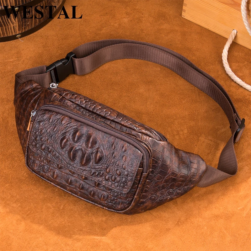 

WESTAL Retro Waist Bags Genuine Leather Pack Shoulder Bag Alligator Pattern Waist Pack Belt Multifunctional Chest Bag