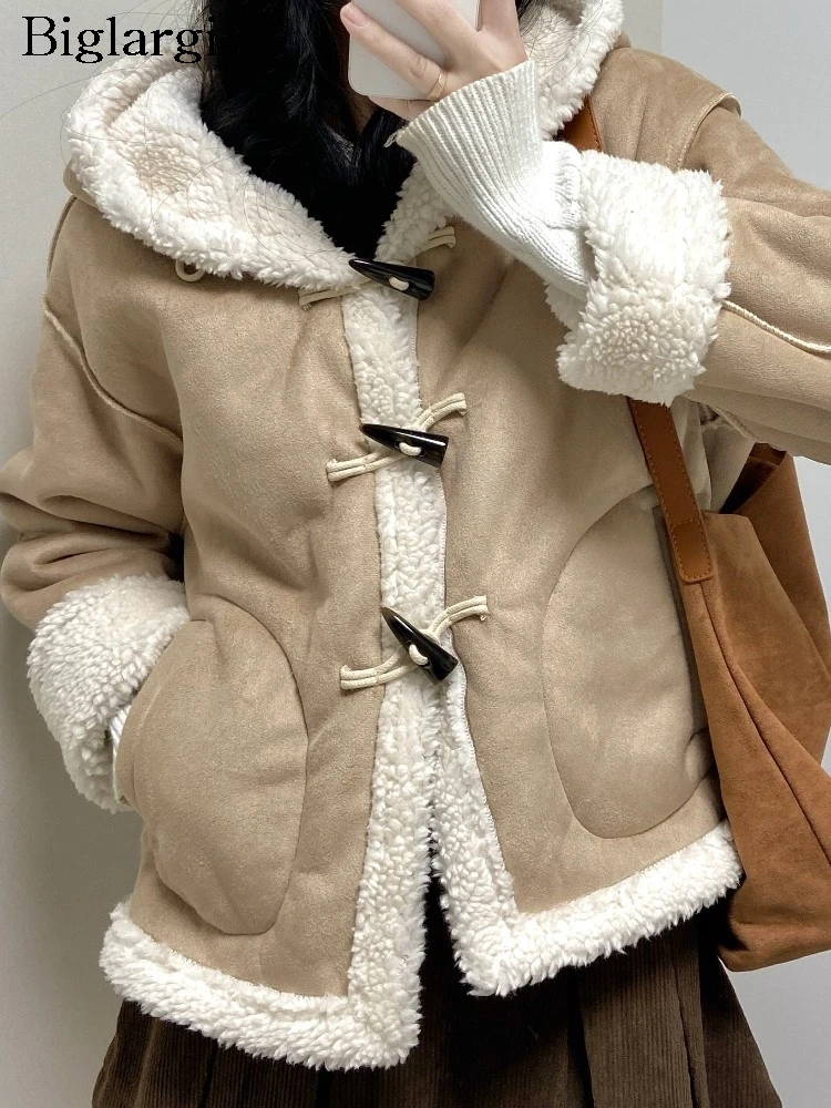 

Winter Lambswool Patchwork Hooded Coat Women Fashion Korean Style Ladies Cropped Jackets Casual Loose Woman Coats