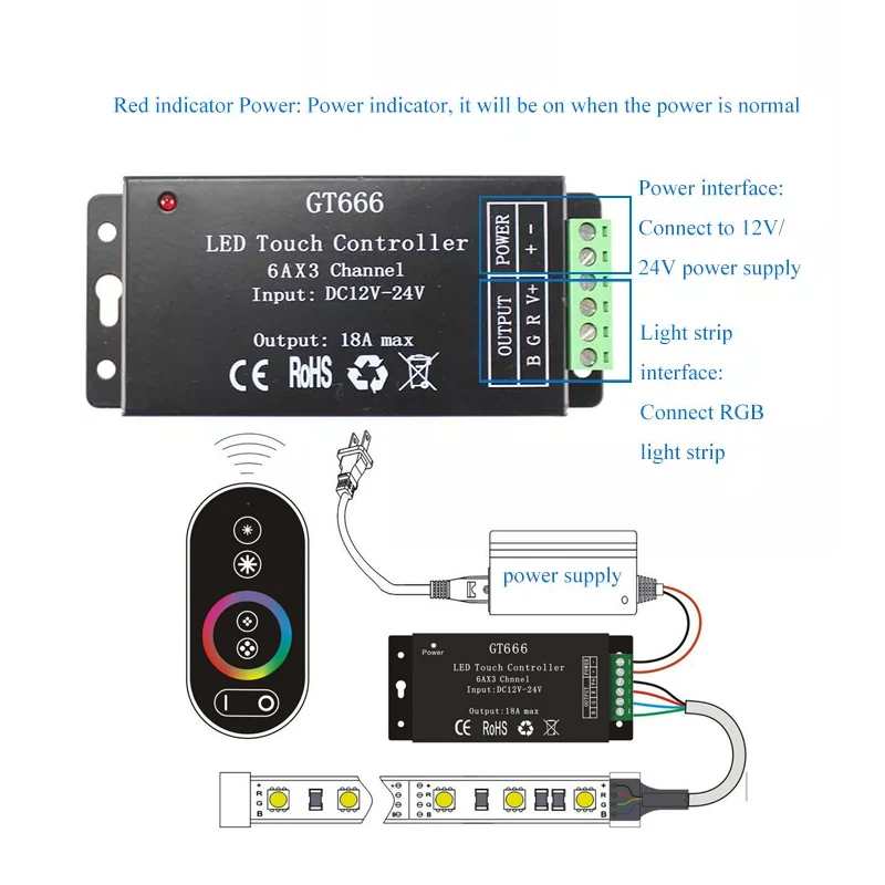 3CH RGB Controller DC 12V 24V 18A High Power LED Dimmer with Touch 6 Key &Color Ring RF Wireless Remote for Strip Light Fixtures