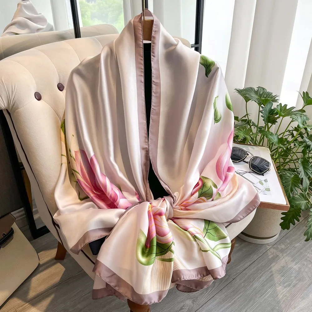

Thin Korean Luxury Silk Scarf Lotus Pattern Printing Chiffon Shawl Wrap Soft Elegant Women Hijab Shawls Female
