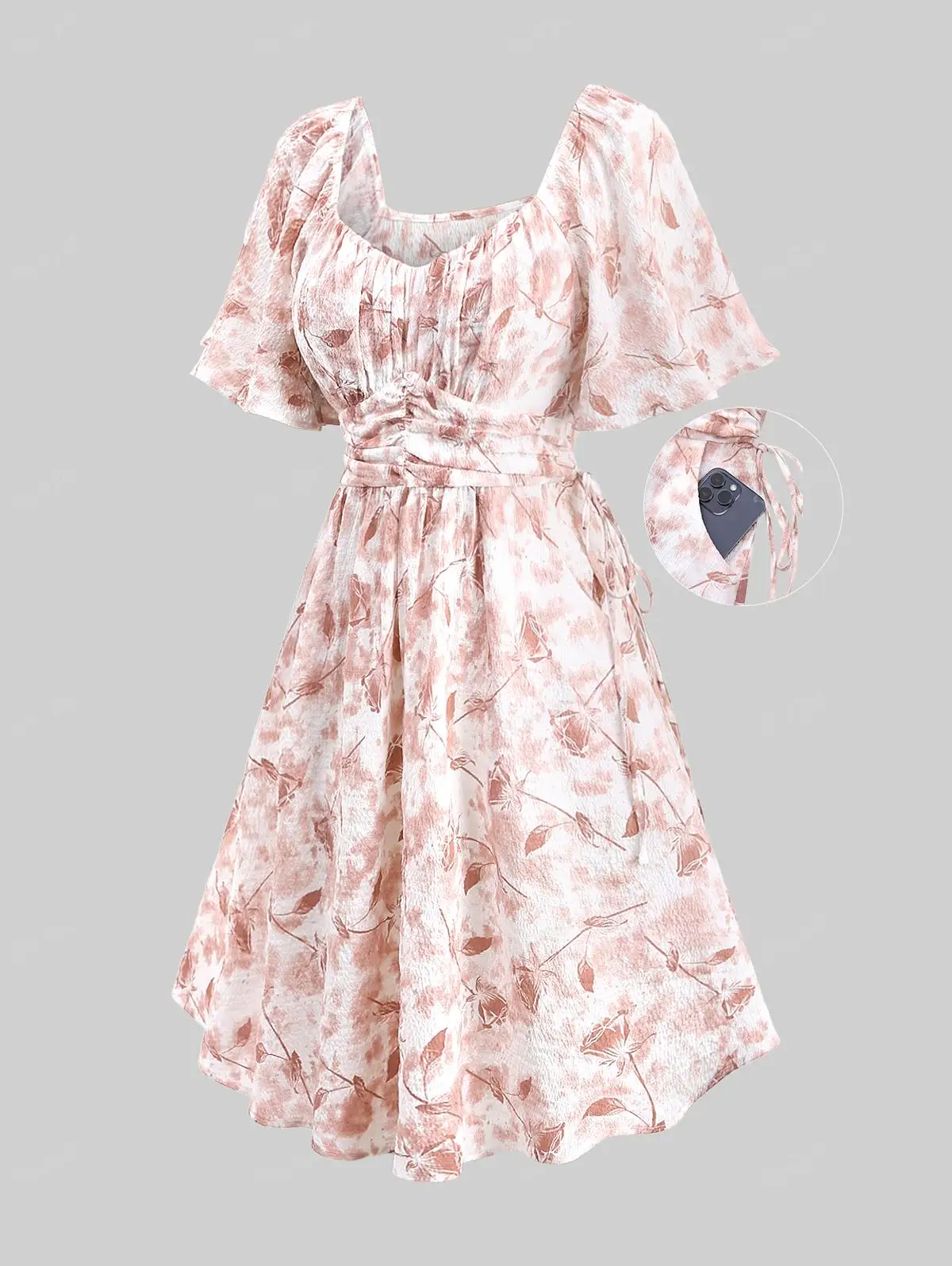 ROSEGAL Plus SizeWomen\'s Dresses Light Pink Tie Dye Flowers Leaf Printed Ruched Cinched Pockets Milkmaid Dress Casual Vestidos