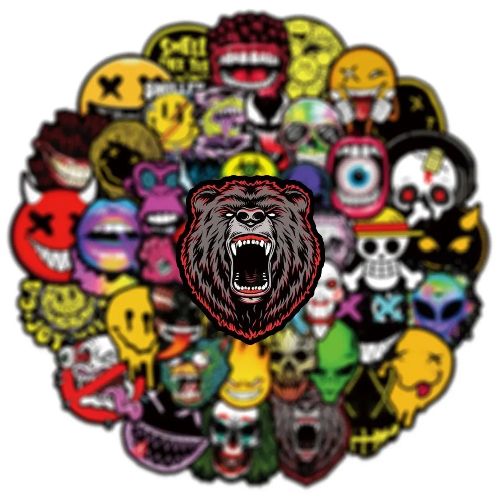 50PCS Cool Fashion Cartoon Horror Smiley Graffiti Sticker Suitcase PVC Skateboard Laptop Refrigerator Phone Car DIY Decal