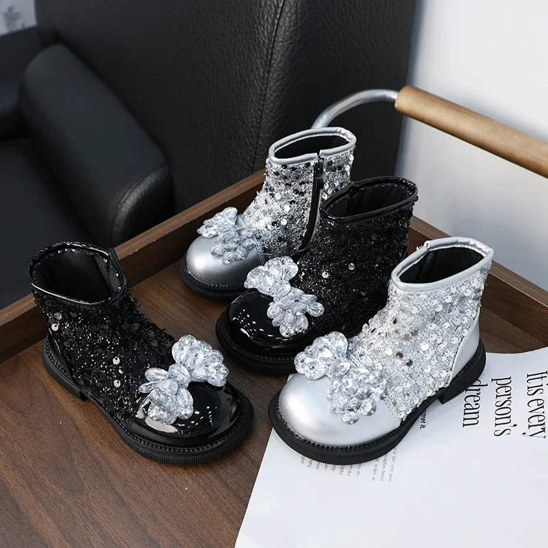 Luxury Girl\'s Ankle Boot Sequins Elegant Children\'s Causal Boots Fashion Spring Autumn Kids Short Princess Boots New Versatile