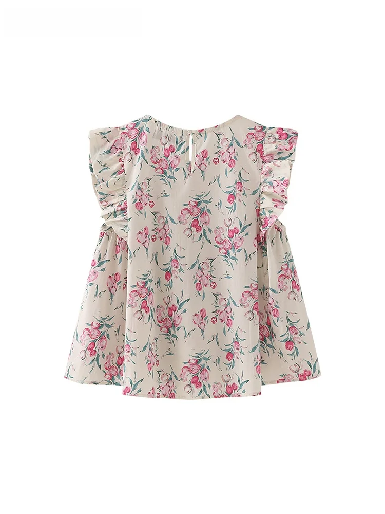 La Chapelle Sweet Sle コットン カジュアル irt レディース ラウンド ネ スヴェル ドール トップ 花柄プリント デザイン 夏新作