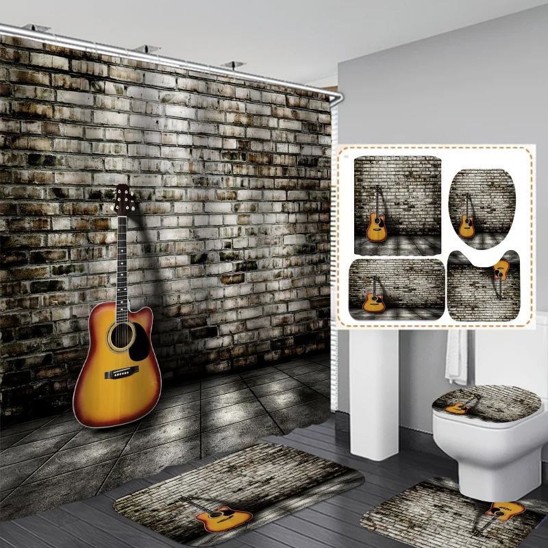 Vintage Brick Wall Guitar Bathroom Set with Non-Slip Bath Mat, U-Shaped Contour Rug, Toilet Lid Cover, and 12 Plastic Hooks - Wa