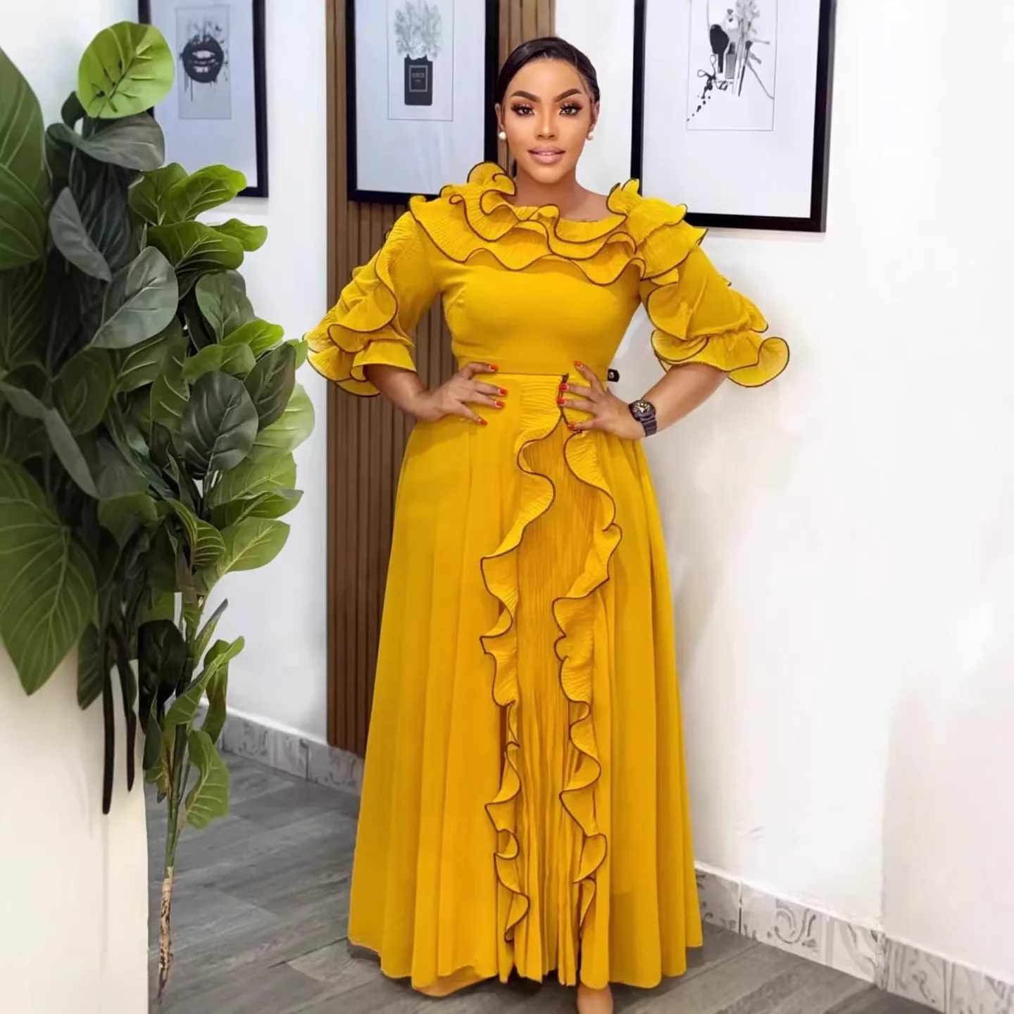 Africa Clothing Chiffon Dress Asymmetrical Neck Off Shoulder Puff Sleeve Tierred Ruffles Color Block Autumn Party Outfits