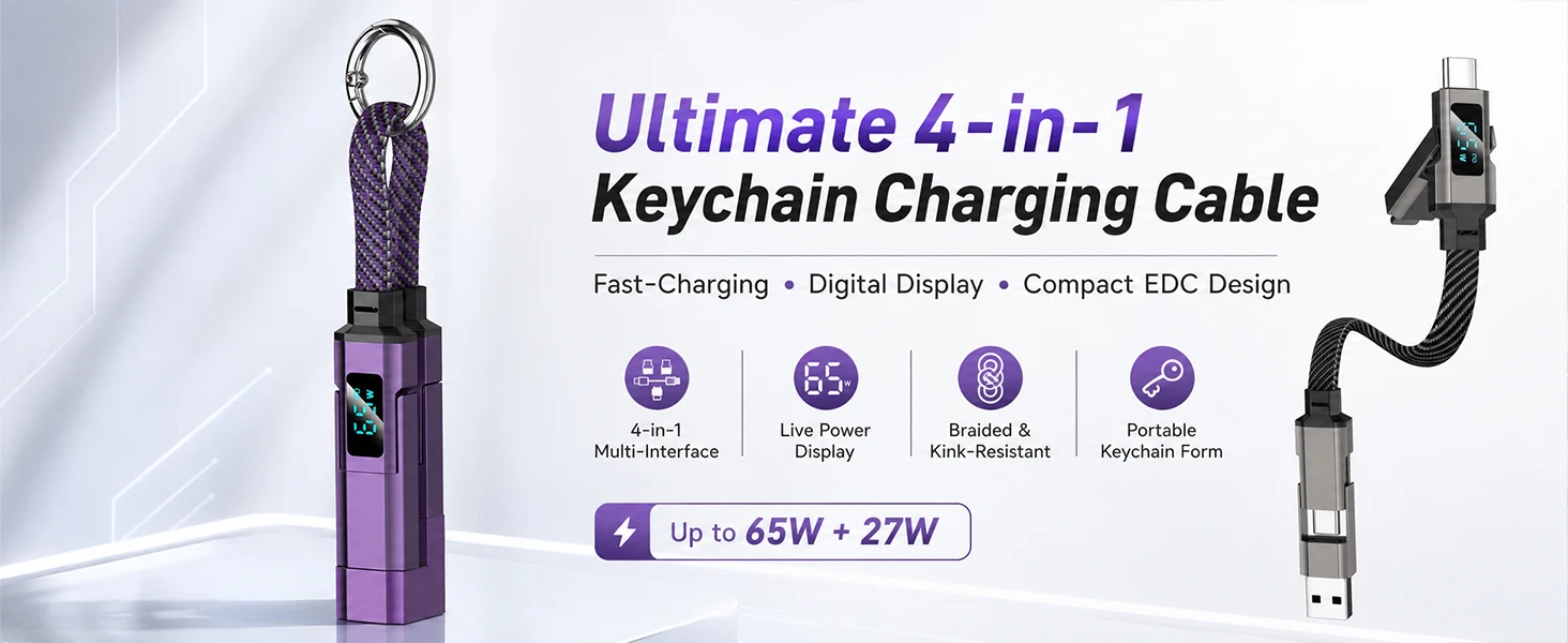 4-in-1 Ladekabel-Kombination Schlüsselanhänger Typ C/USB A/L Anschluss 240W Schnellladekabel mit V/A/W-Anzeige für iPhone/iPad – Detail 1