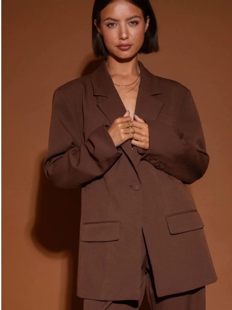 

Retro Brown Oversize Single Button Suit Jacket for Women American Style Loose Fit Commute Applicable Fashion Trend