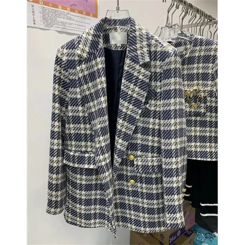 Tweed Suit Jacket 2022 Autumn And Winter With Cotton Thickened Women's Korean Double-Breasted Temperament Wool Coat Tartan Coat