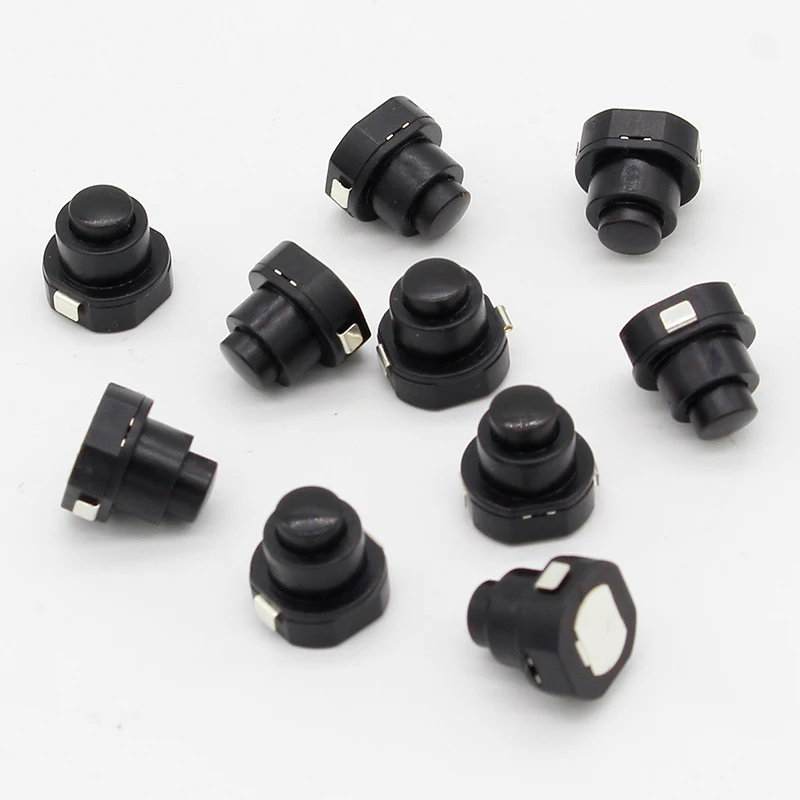 Interruptor de botón redondo para linterna, pulsador negro DC 30V 1A 10mm x 10mm (D * H), 10 piezas por lote