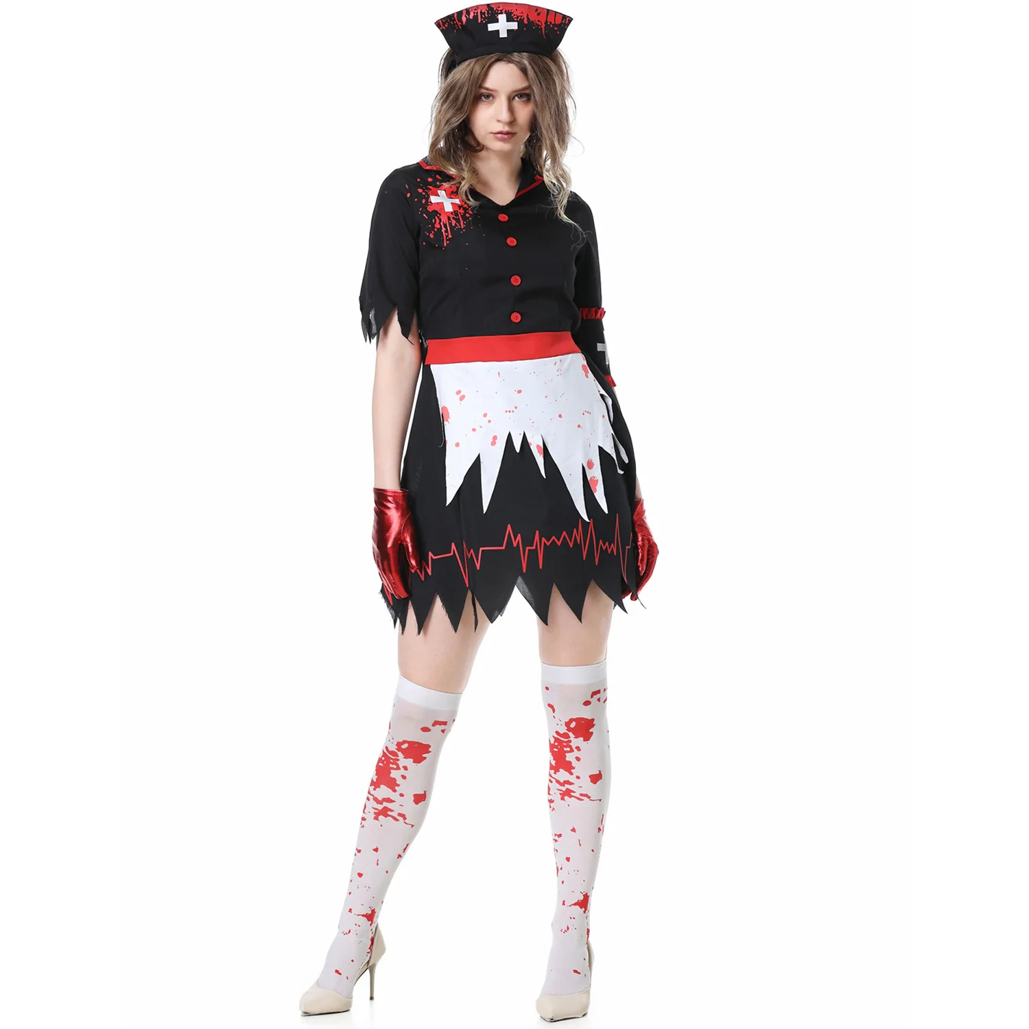 Zombie Nurse Cosplay Uniform for Women Irregular Edge Skirt Glove Headwear Set Horror Blood Stain Nurse Vampire Halloween Outfit