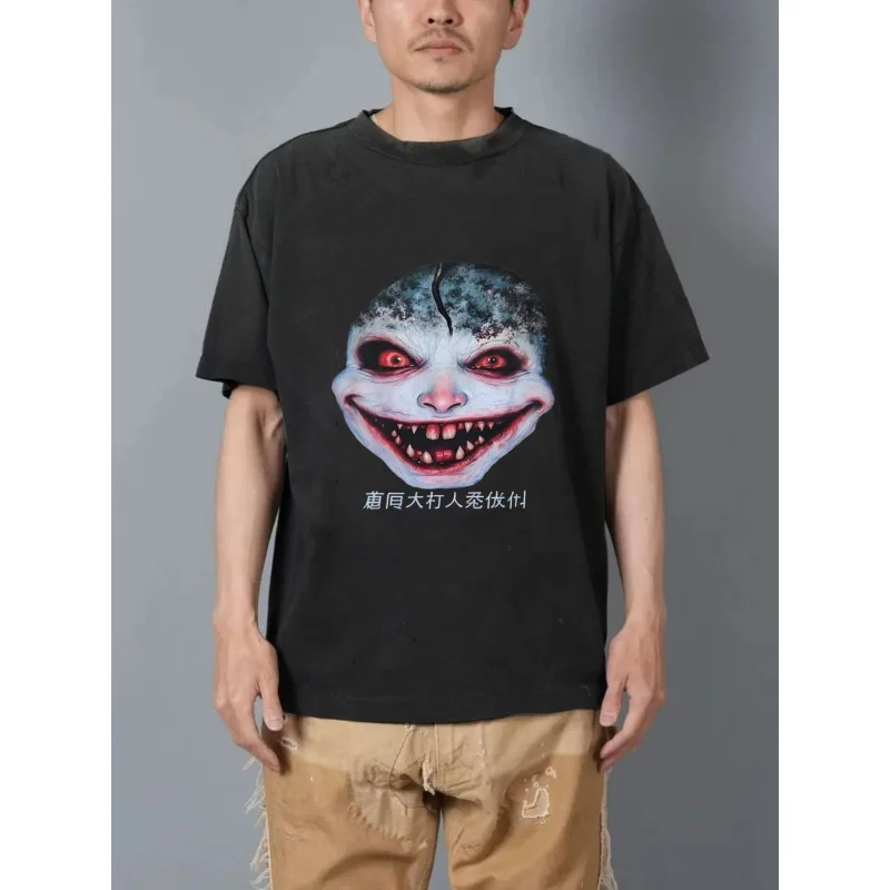 

Men's Washed T-Shirt Black Creepy Clown Face & Chinese Text High Quality 100% Cotton 230g